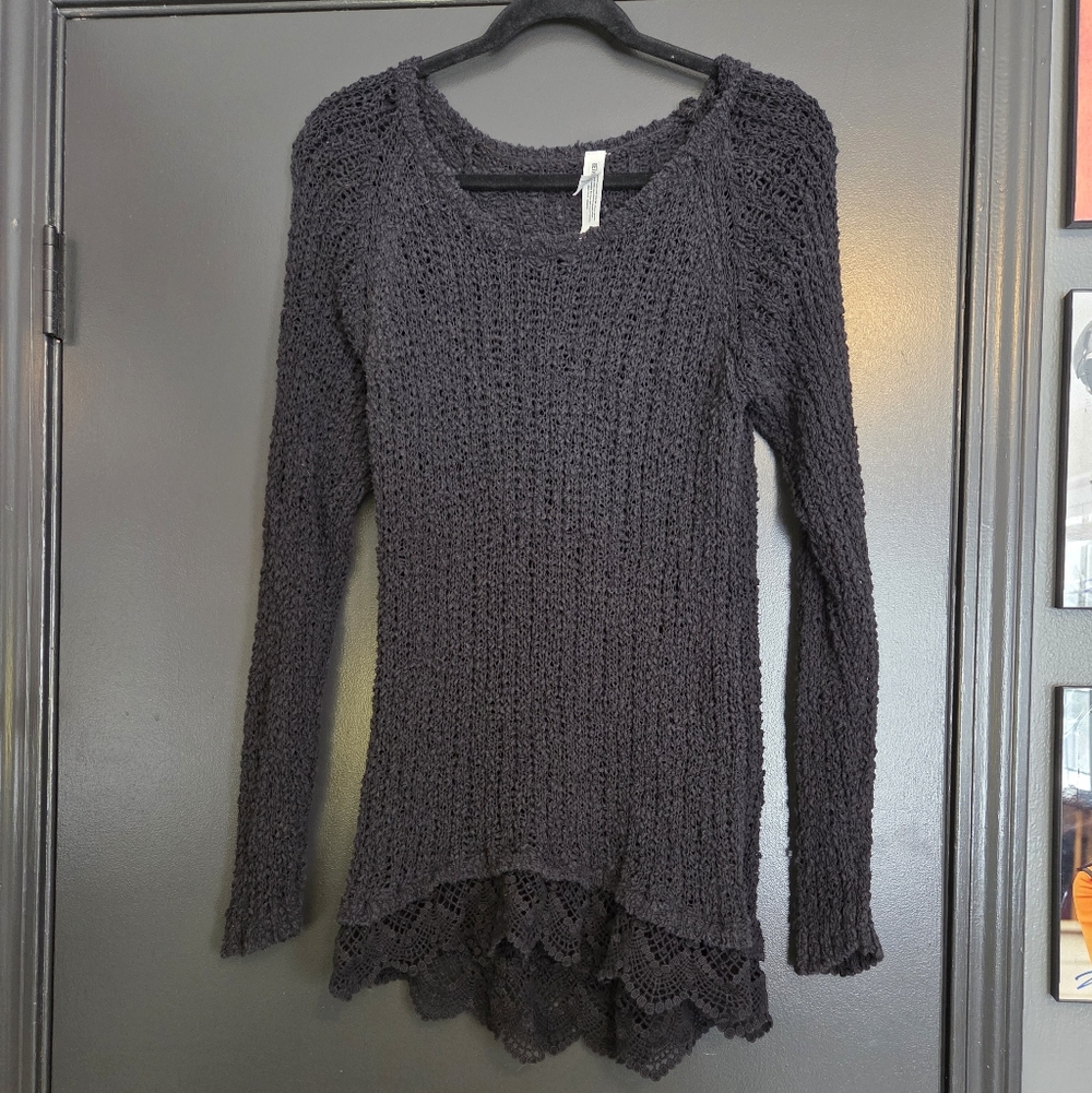 Black Knit Sweater with Lace Hem